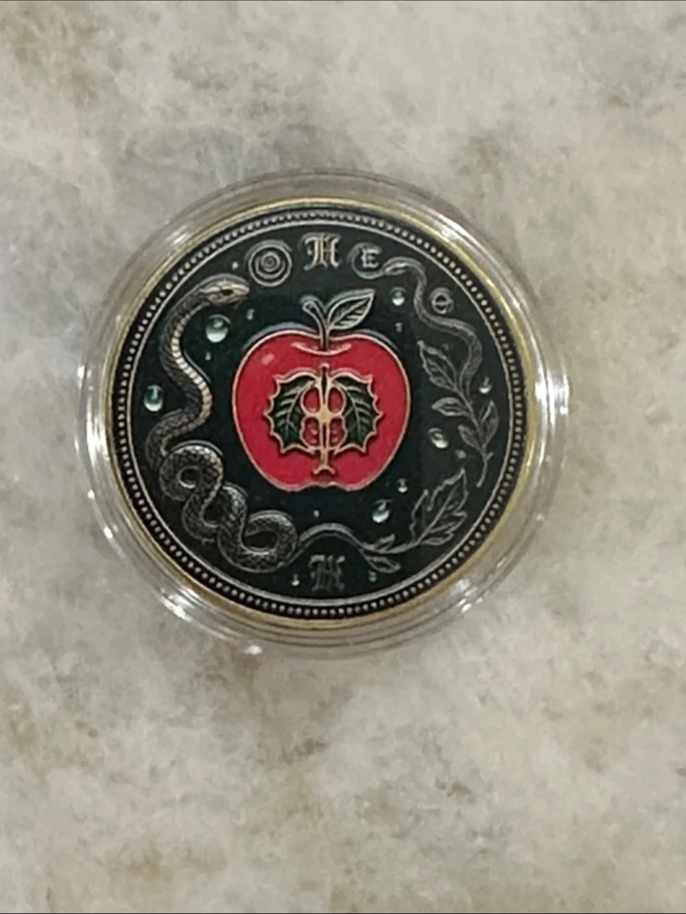 Snow White’s Witch with Apple Round Art Coin - Black, Green, Red